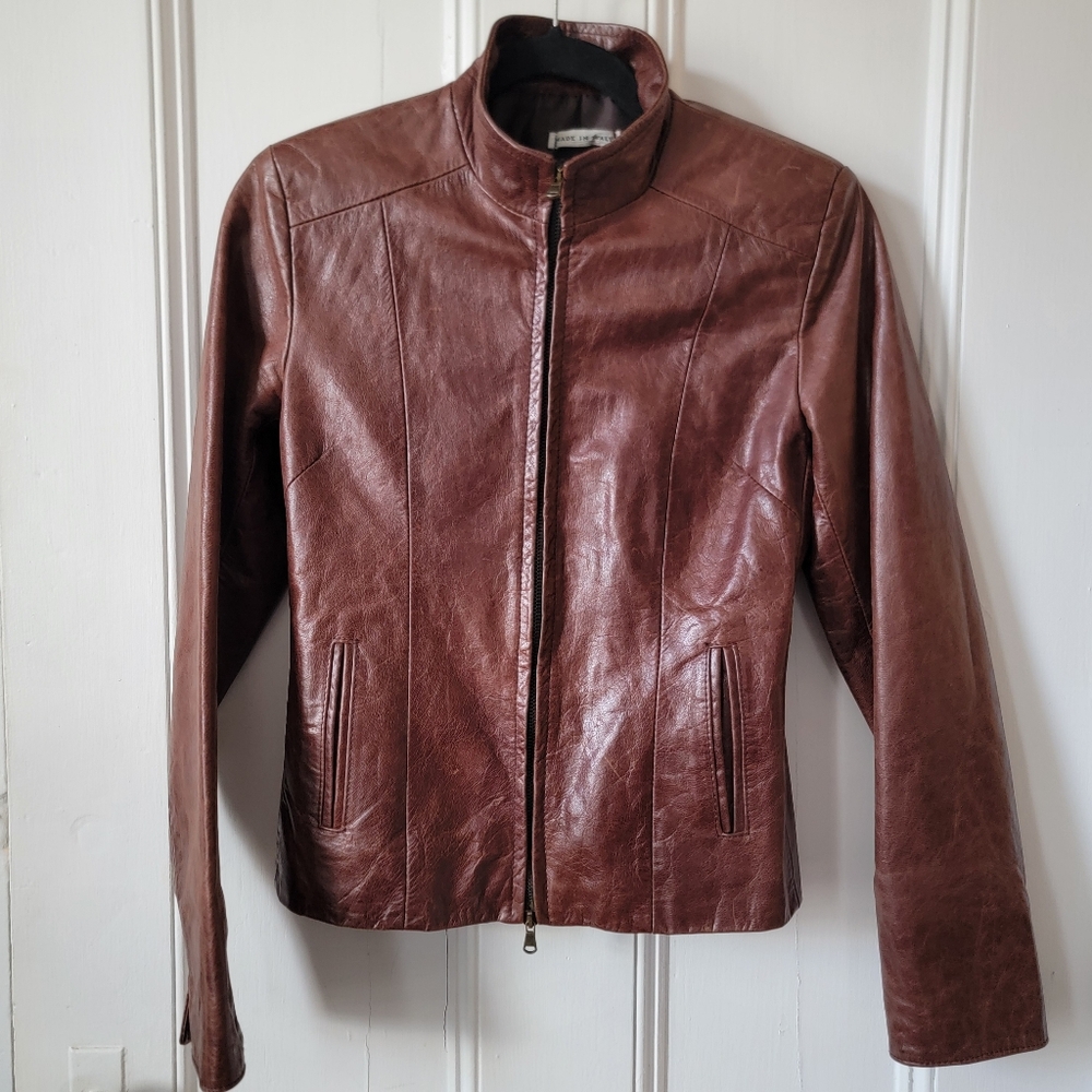 M&R Moda In Pelle Firenze Brown Leather Jacket Size XSmall